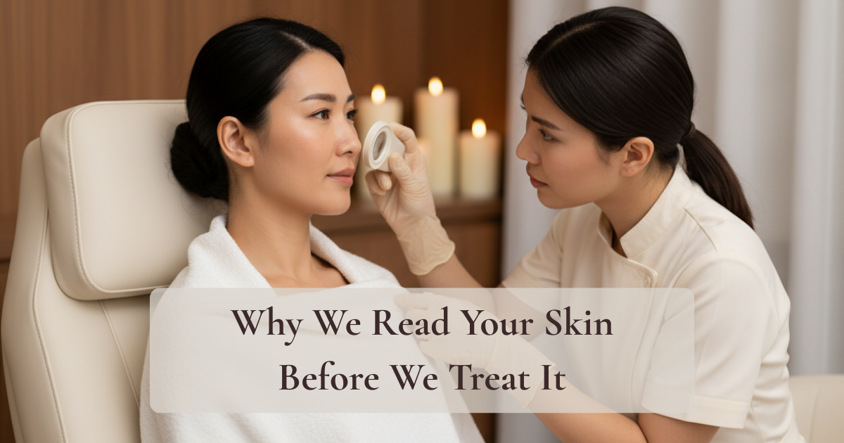 Acne facial Singapore skin assessment — therapist reading skin before treatment at Roses & More