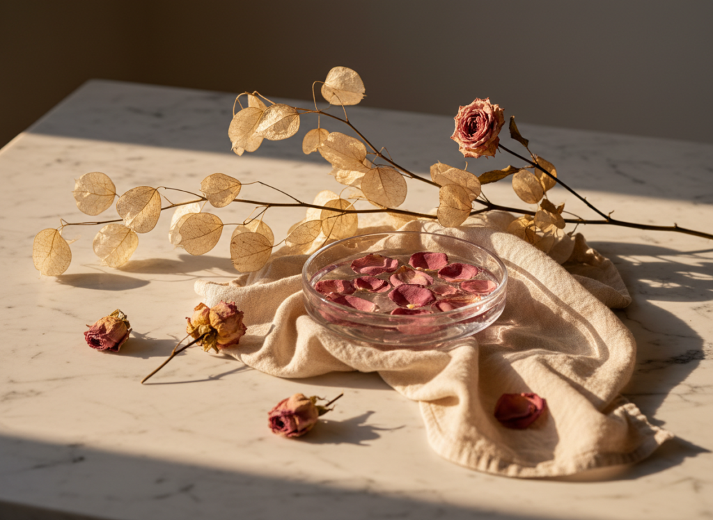 MLD Singapore — dried botanicals and rose petals on marble at Roses & More Skin Alchemy