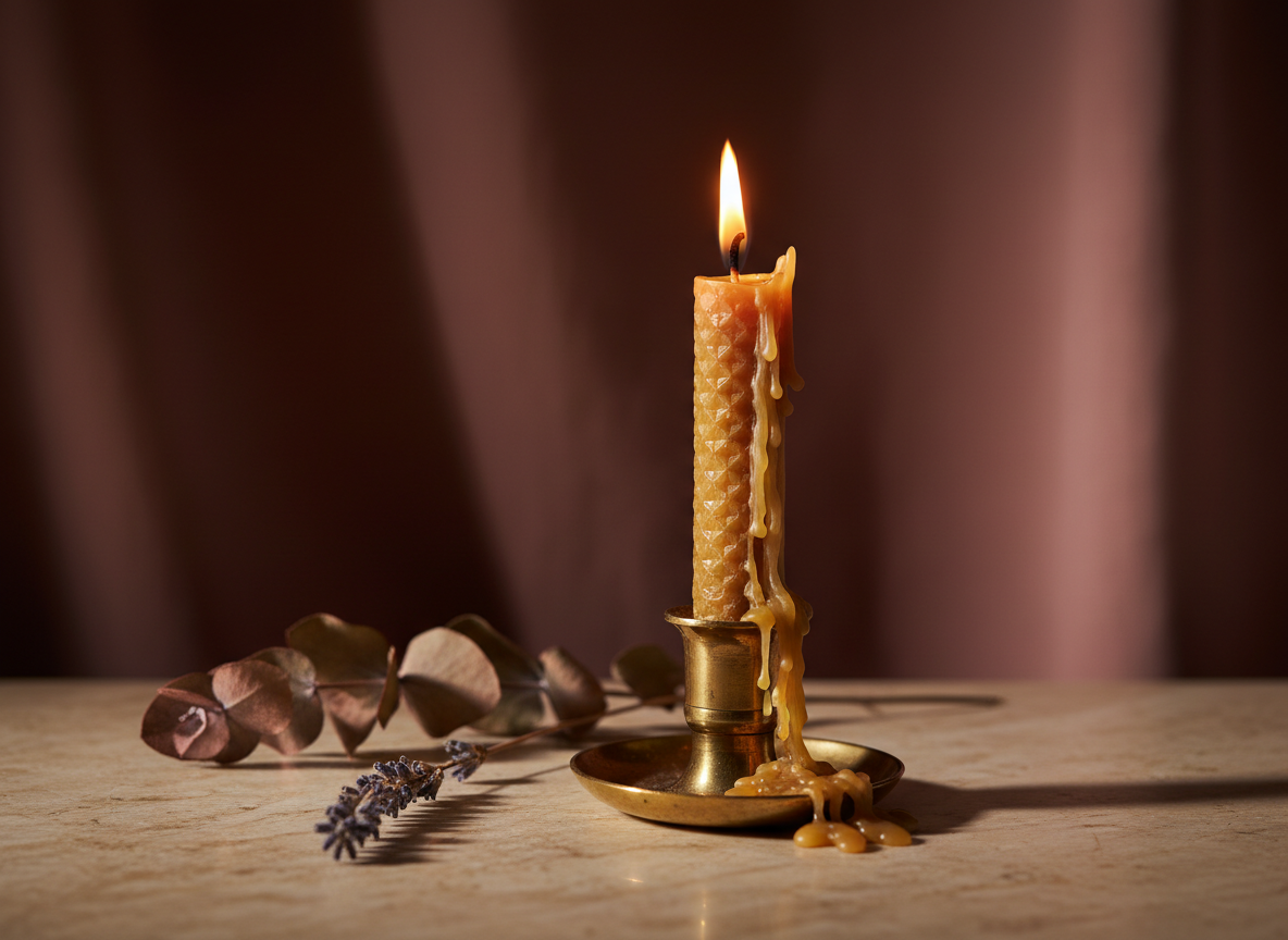 Beeswax taper candle in brass holder — hot plasma treatment concept Roses More Skin Alchemy