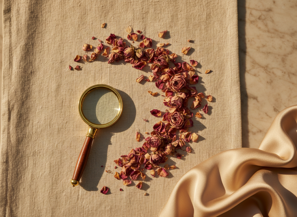 Skin Sequencing Facial Singapore — brass magnifying glass and dried roses on linen at Roses & More Skin Alchemy