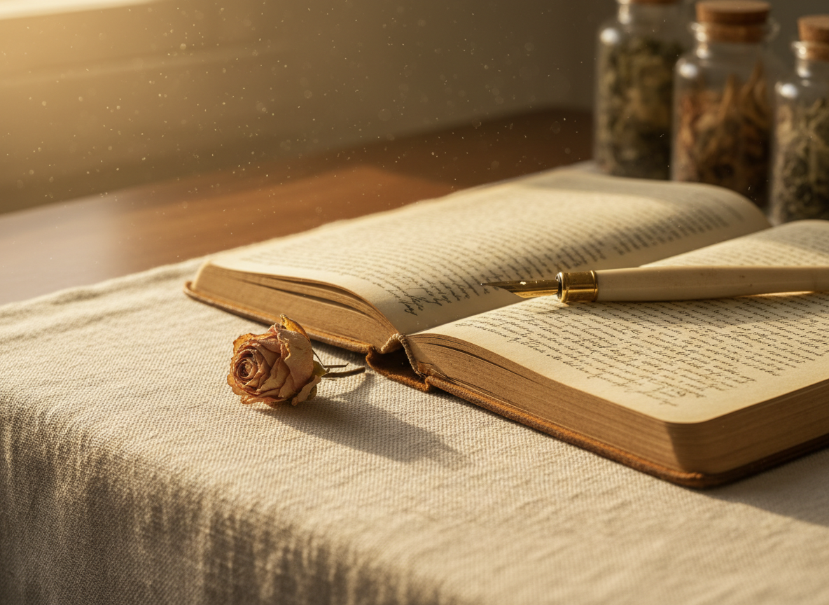 Open journal with gold fountain pen and dried rose — skin protocol documentation Roses More Skin Alchemy