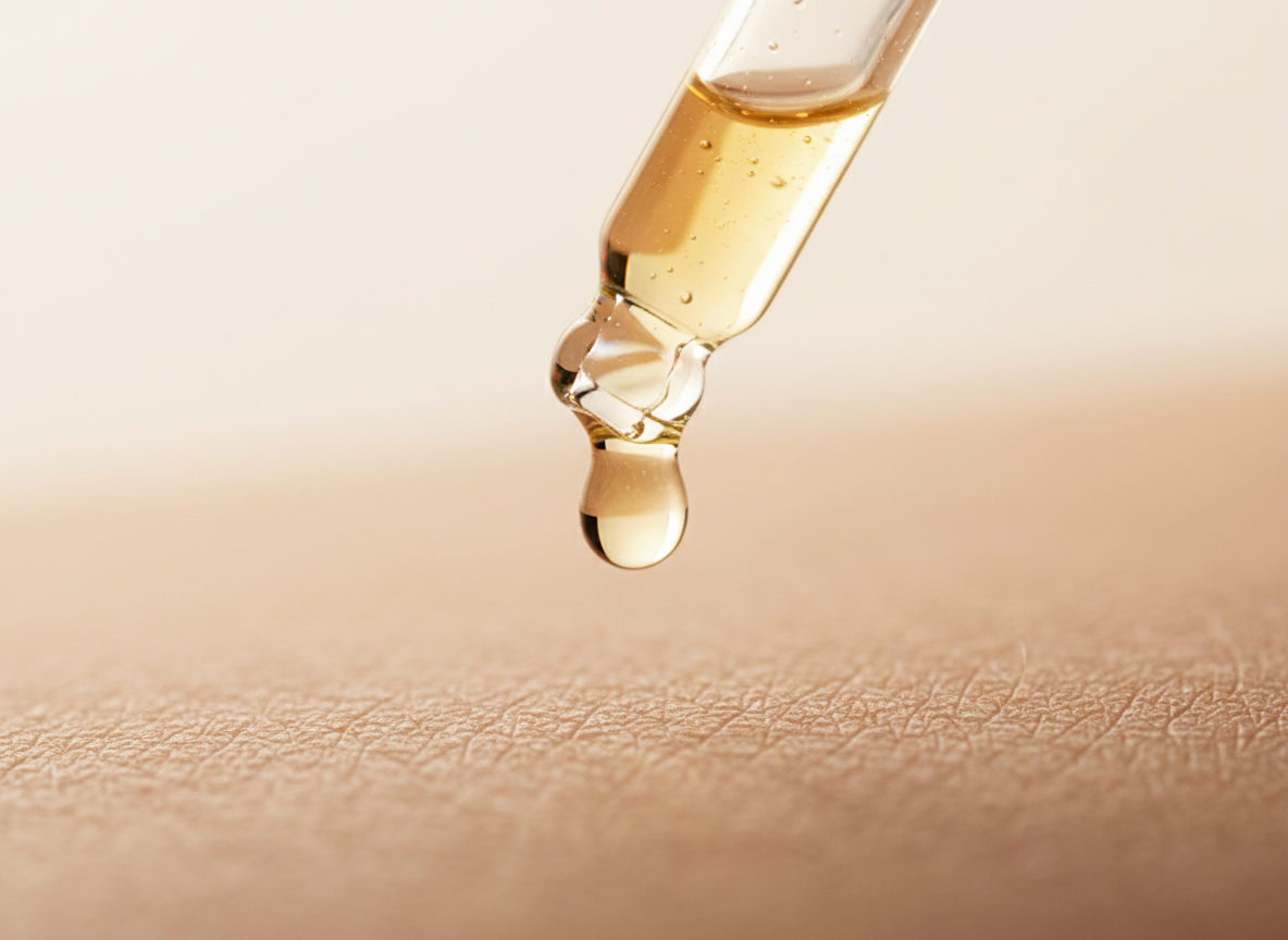 Skin sequencing facial Singapore — a serum droplet mid-fall at Roses & More Skin Alchemy