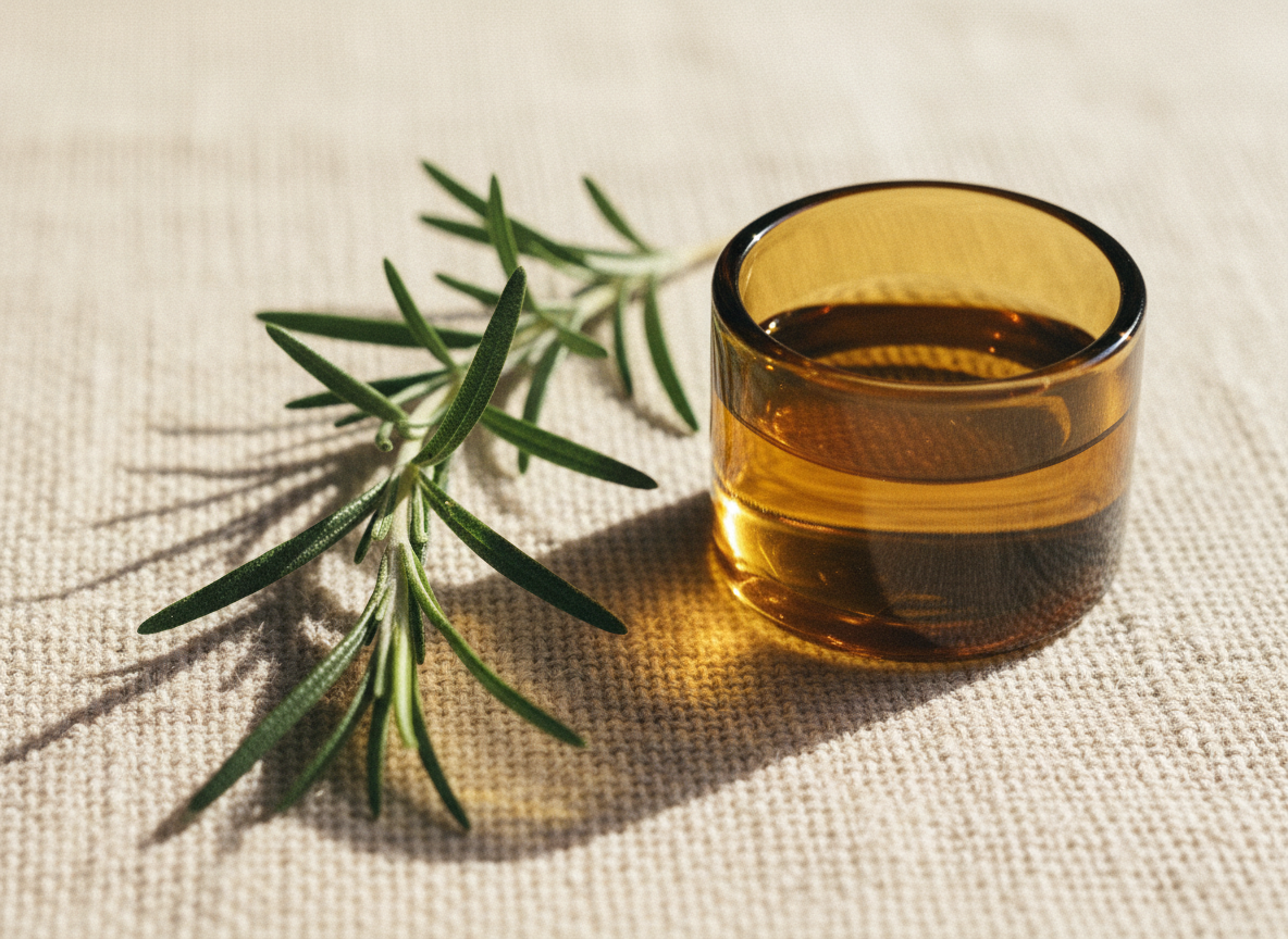 Botanical facial Singapore — rosemary sprig and amber vessel at Roses & More Skin Alchemy