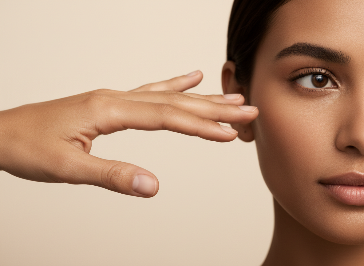 Facial assessment Singapore — a hand hovering above skin at Roses & More Skin Alchemy