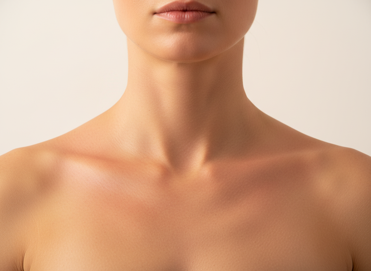 Hormonal skin Singapore — collarbone and neck in warm natural light at Roses & More Skin Alchemy