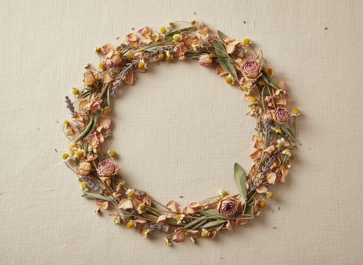 Hormonal skin Singapore — a circle of dried botanicals representing the skin's monthly rhythm at Roses & More