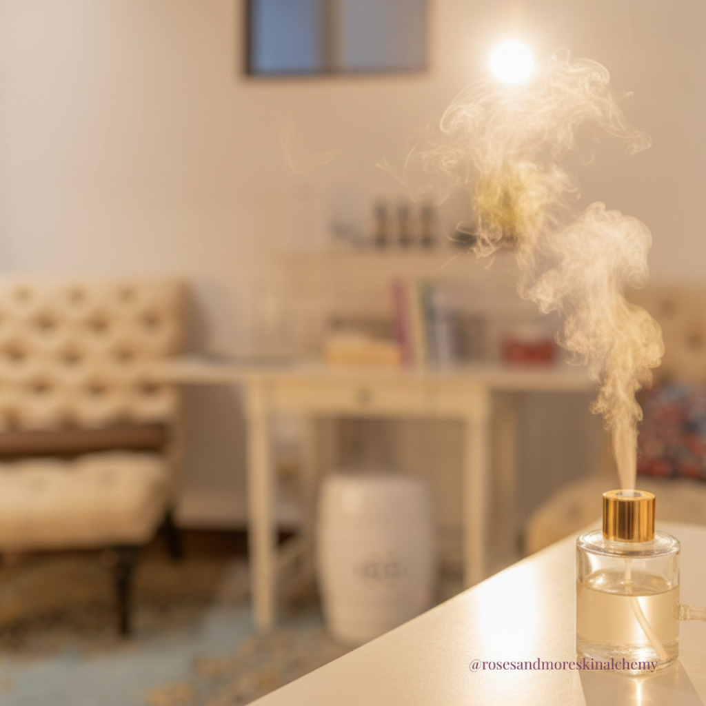 A glass diffuser releases soft mist inside 64B, the transformation space in Singapore behind Roses & More Skin Alchemy, with a gothic mirror softly blurred in warm light.