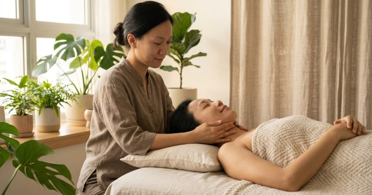 Lymphatic drainage facial Singapore treatment at Roses & More Skin Alchemy showing manual lymphatic drainage technique