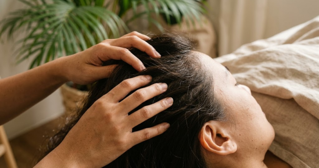 Scalp health Singapore treatment at Roses & More Skin Alchemy showing scalp facial and Root Revive approach