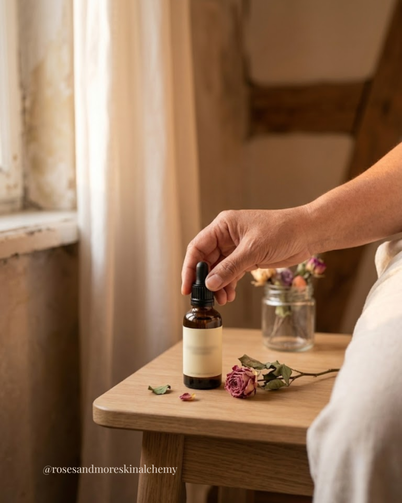 A hand reaches for a glass dropper bottle of N·O·E·L beside dried roses, illustrating the skin sequencing facial Singapore approach at Roses & More Skin Alchemy.