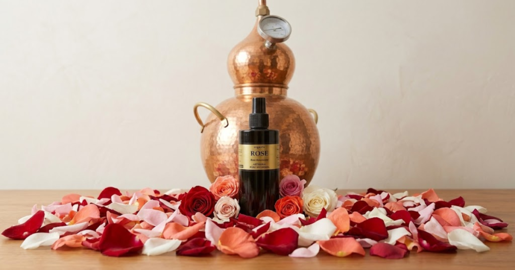 N·O·E·L organic rose hydrosol surrounded by fresh rose petals beside a copper distillation still, showing the artisanal botanical formulation behind Roses & More Skin Alchemy.