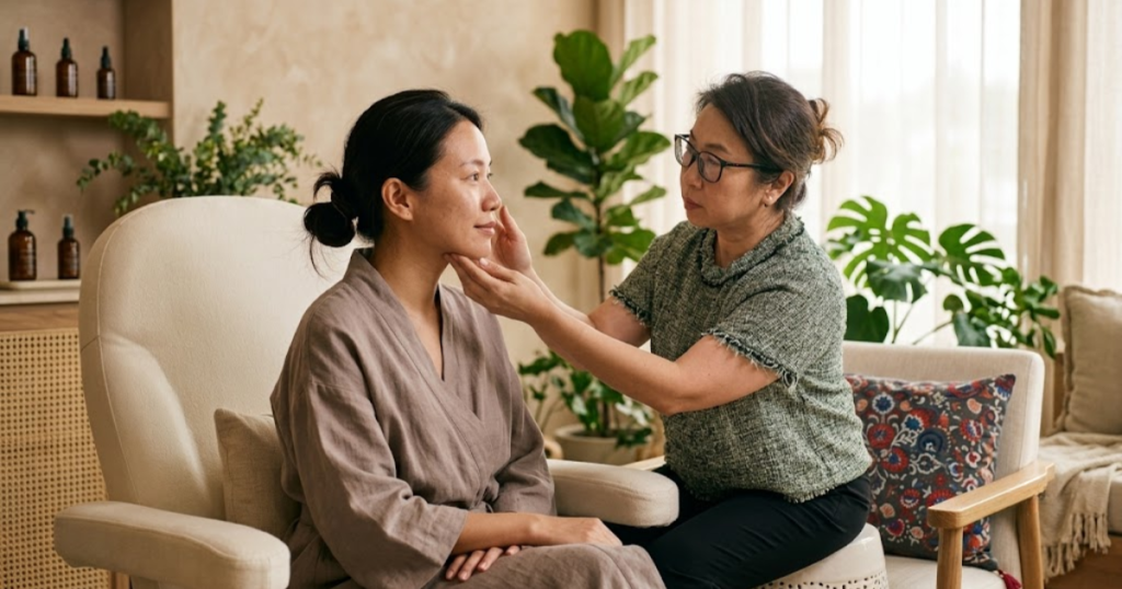 Facial assessment Singapore consultation at Roses & More Skin Alchemy showing personalised skin reading