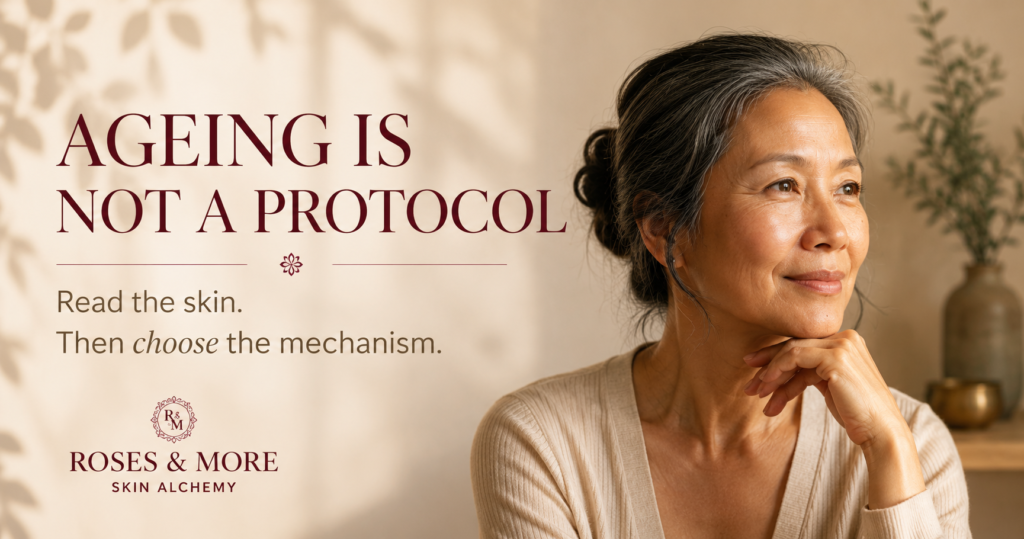 Mature woman with natural skin texture illustrating assessment-led anti-ageing facial care in Singapore.