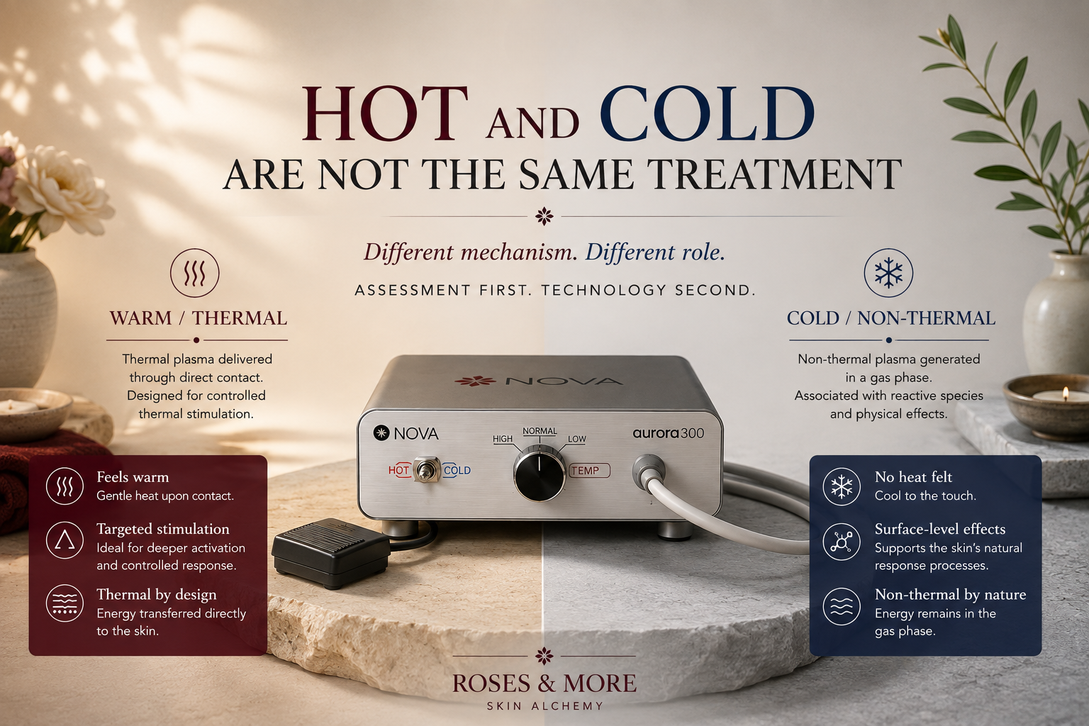Hot and cold plasma comparison showing the different thermal and non-thermal mechanisms of the Nova Aurora 300 at Roses & More Skin Alchemy.