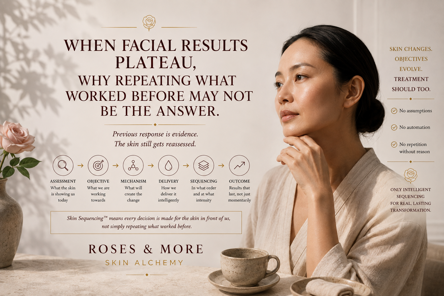 Facial results plateau Singapore concept showing assessment-led Skin Sequencing at Roses & More Skin Alchemy.