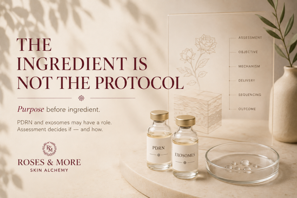 PDRN and exosomes Singapore skin treatment concept illustrating assessment before ingredient selection at Roses & More Skin Alchemy