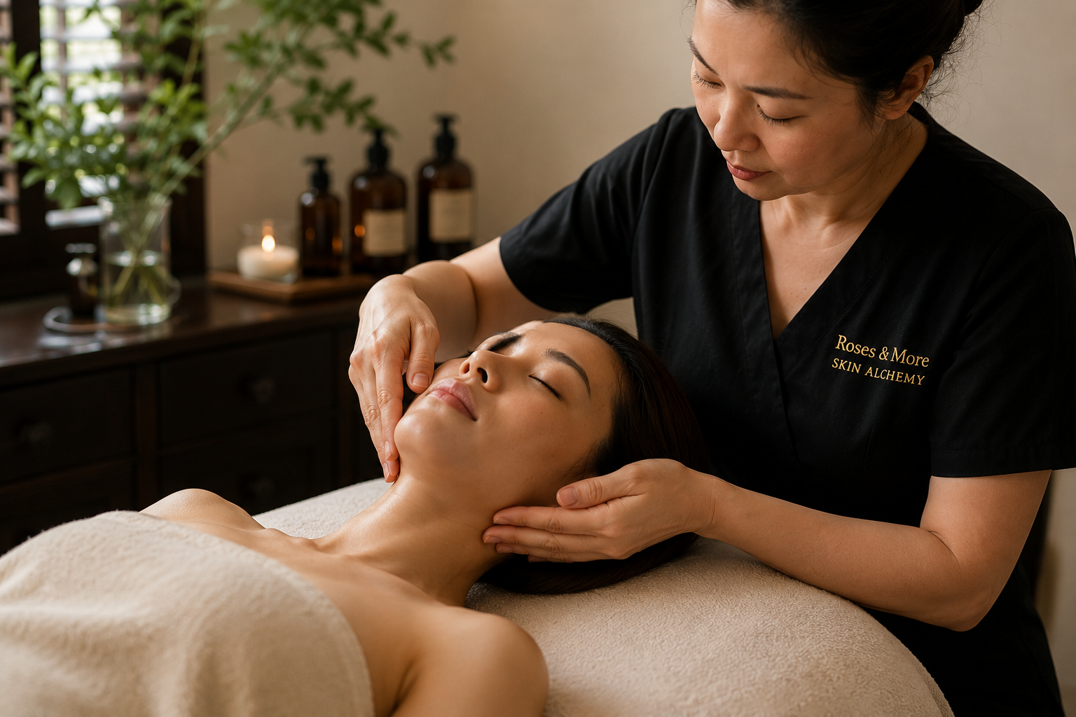 Manual lymphatic drainage Singapore treatment using gentle facial and neck MLD technique at Roses & More Skin Alchemy
