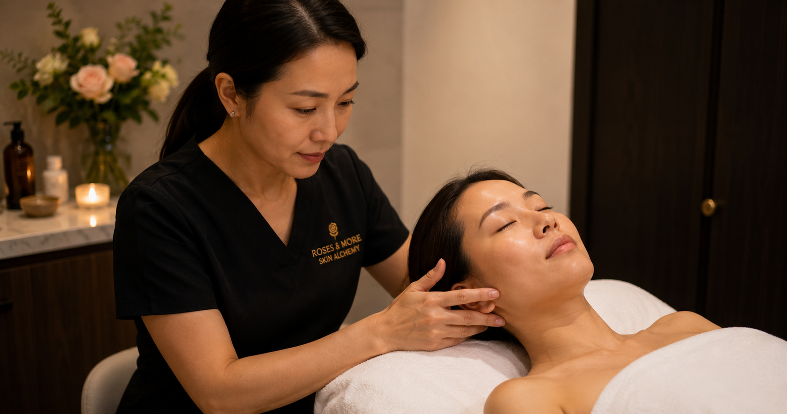 Facial de-puffing Singapore treatment at Roses & More Skin Alchemy showing gentle facial drainage and reassessment